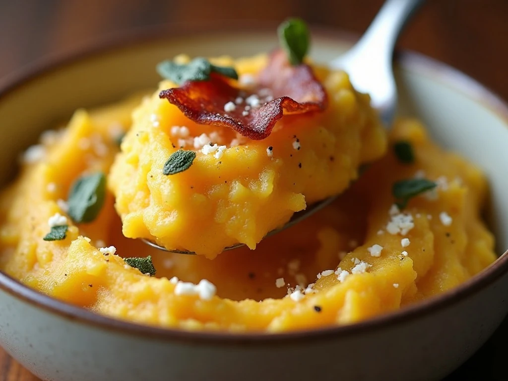 Reheated Parmesan bacon pumpkin mashed potatoes with fresh garnish
