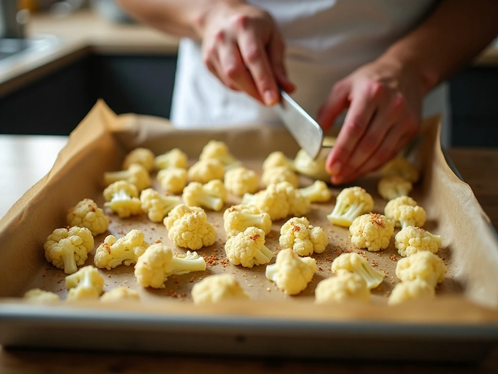 Seasoned cauliflower arranged on a baking sheet before roasting