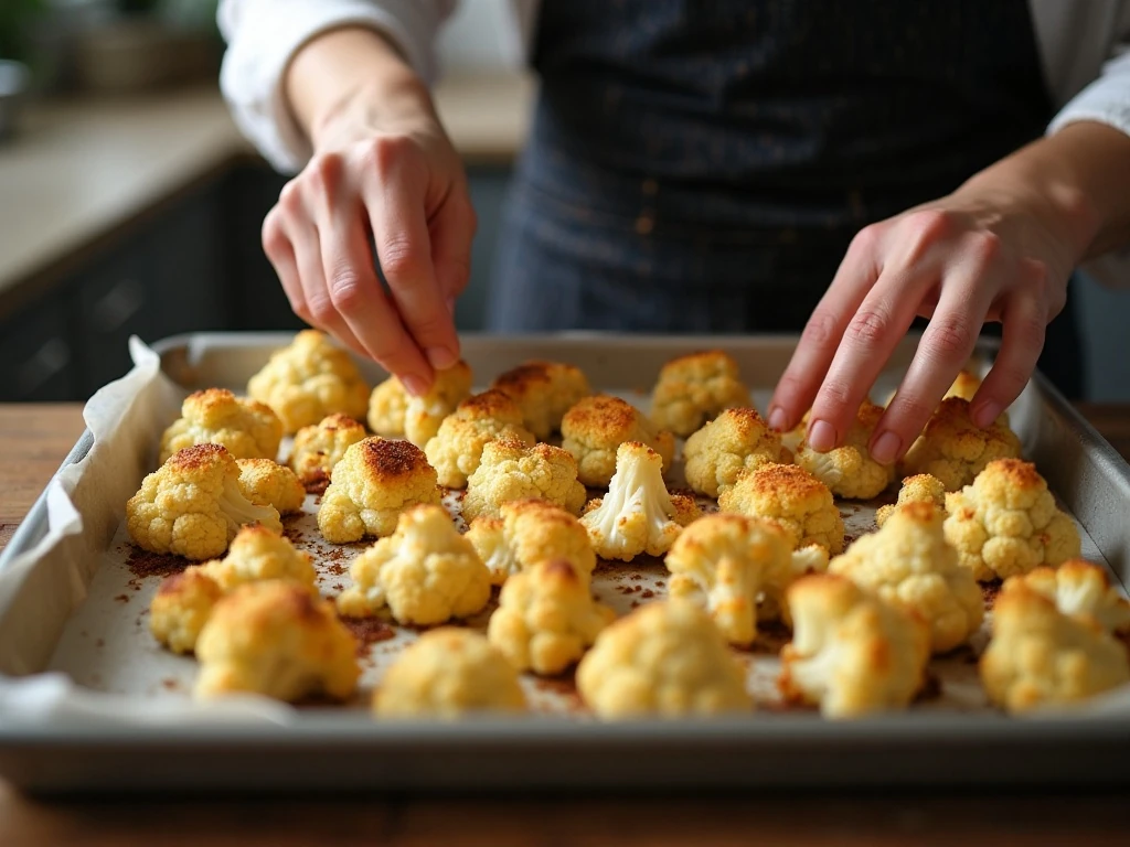 Cauliflower florets being turned for even browning