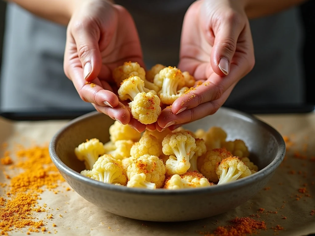 Coating cauliflower florets with Parmesan and panko before baking