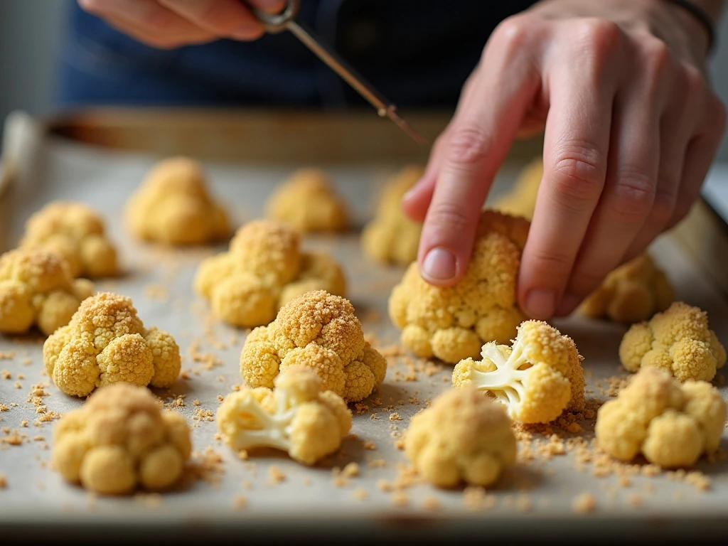 Coated cauliflower spaced on a baking sheet for crisp roasting