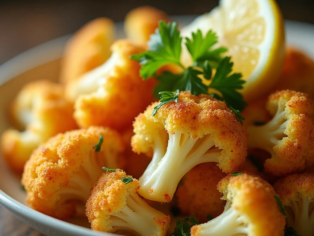 Close-up of Parmesan cauliflower garnished with parsley and lemon