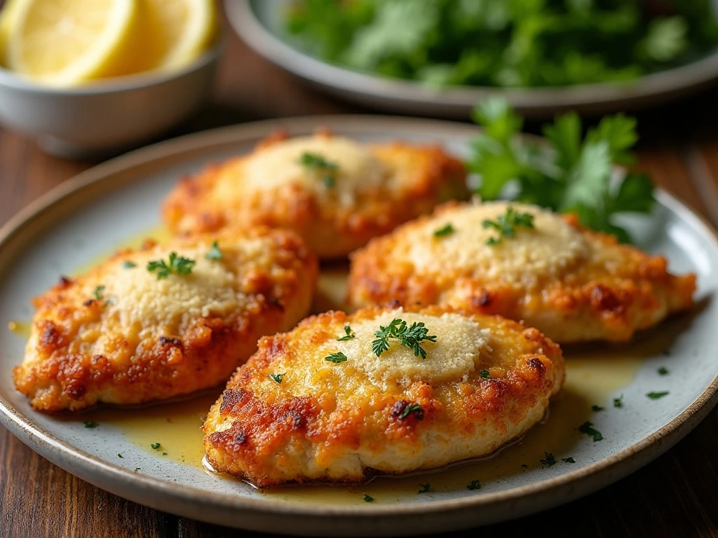 Crispy baked Parmesan chicken breasts served with lemon and parsley