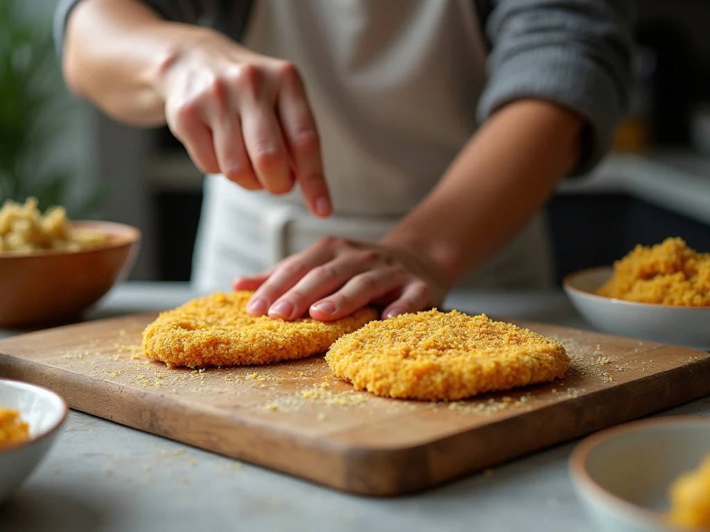 Coating chicken in Parmesan and panko breadcrumbs