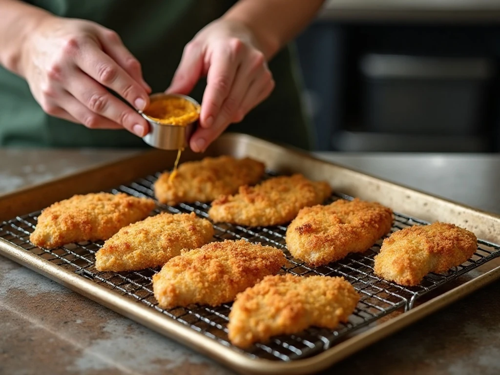 Breaded chicken arranged on a wire rack for crisp baking