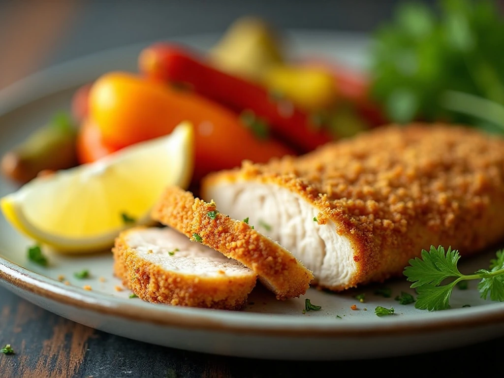 Sliced Parmesan chicken with lemon, parsley, and vegetables