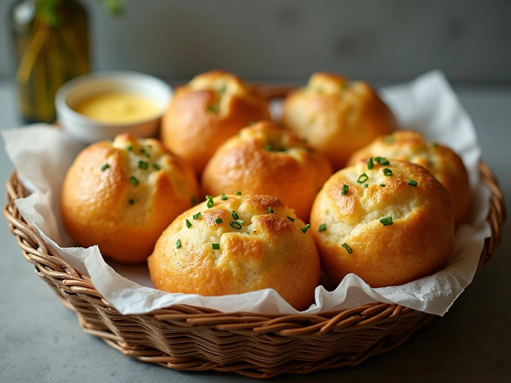 Six golden Parmesan chive popovers served in a basket