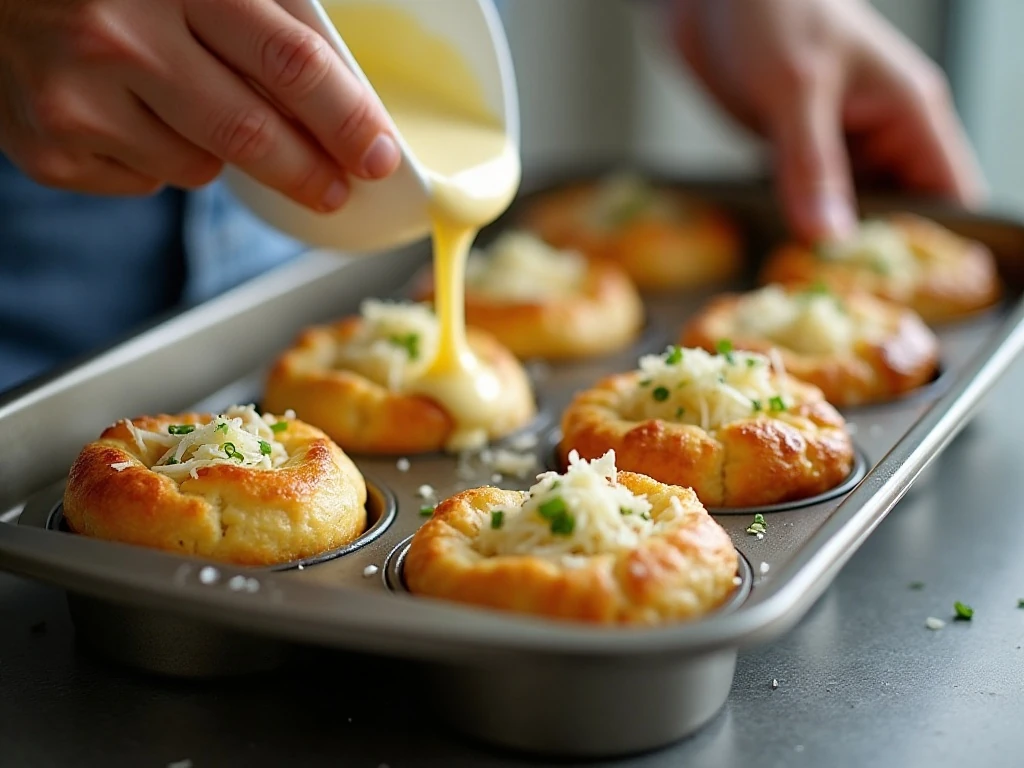 Filling a hot popover pan with Parmesan batter
