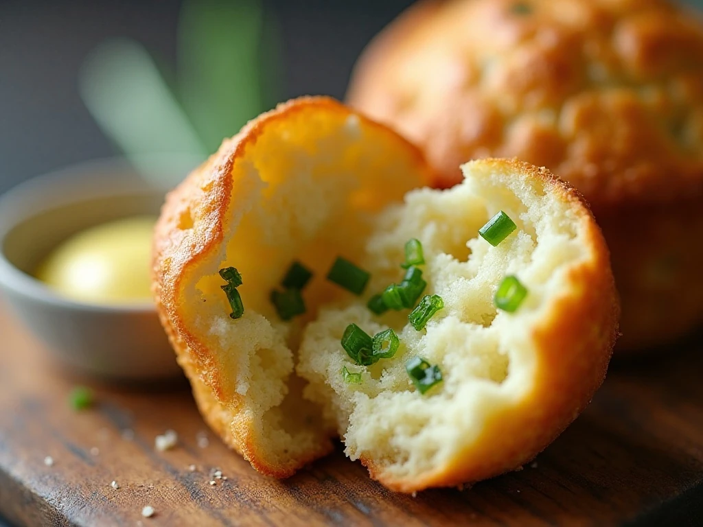Airy Parmesan chive popover interior with fresh chives