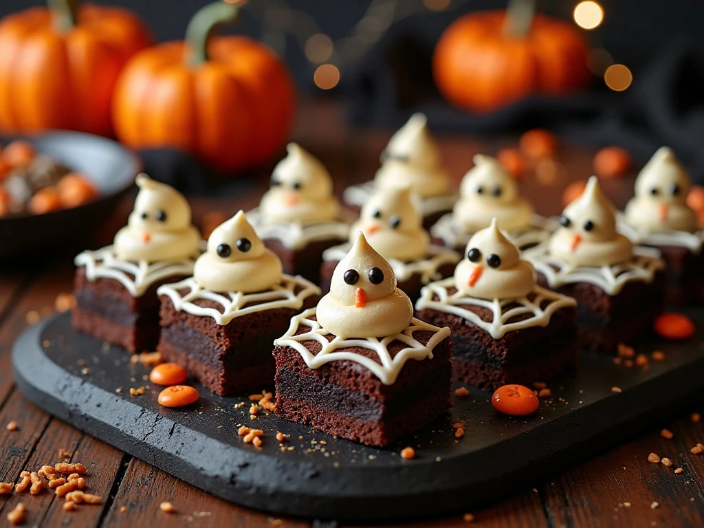 Platter of spooky Halloween brownies with white chocolate decorations