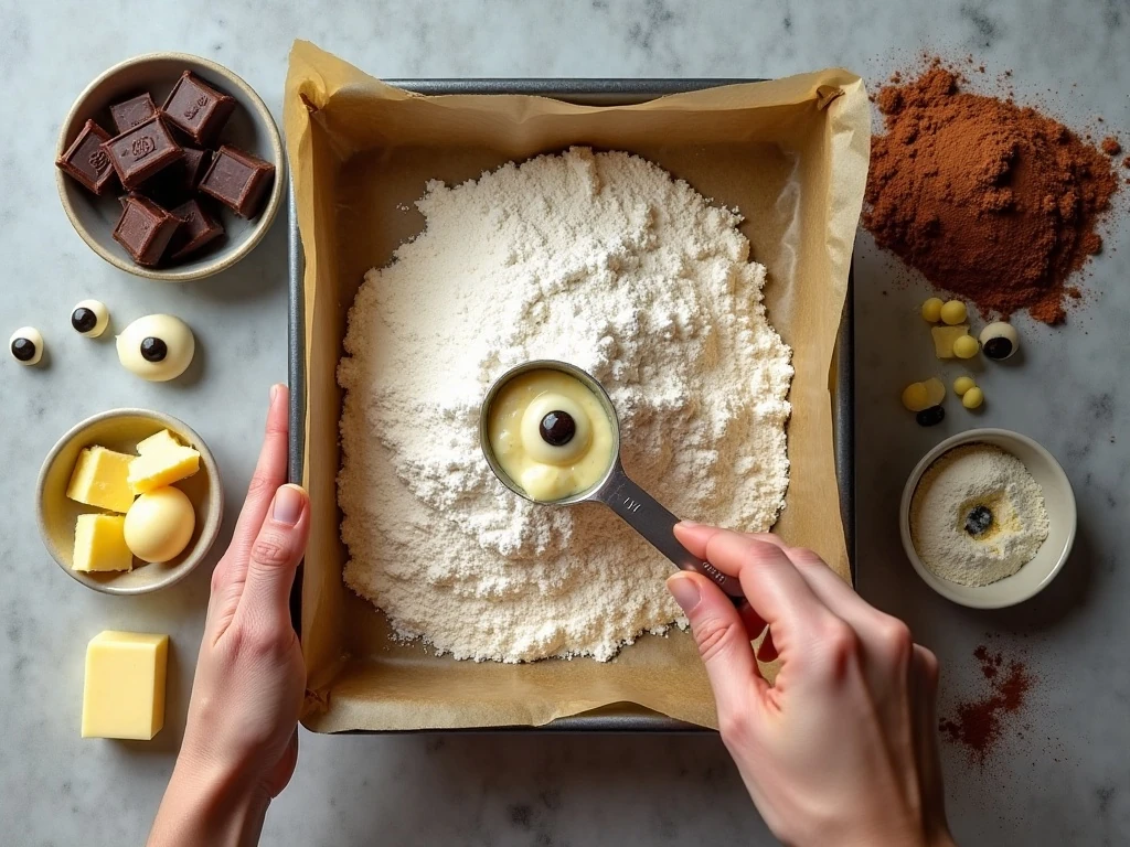 Ingredients for Halloween brownies arranged with a square baking pan