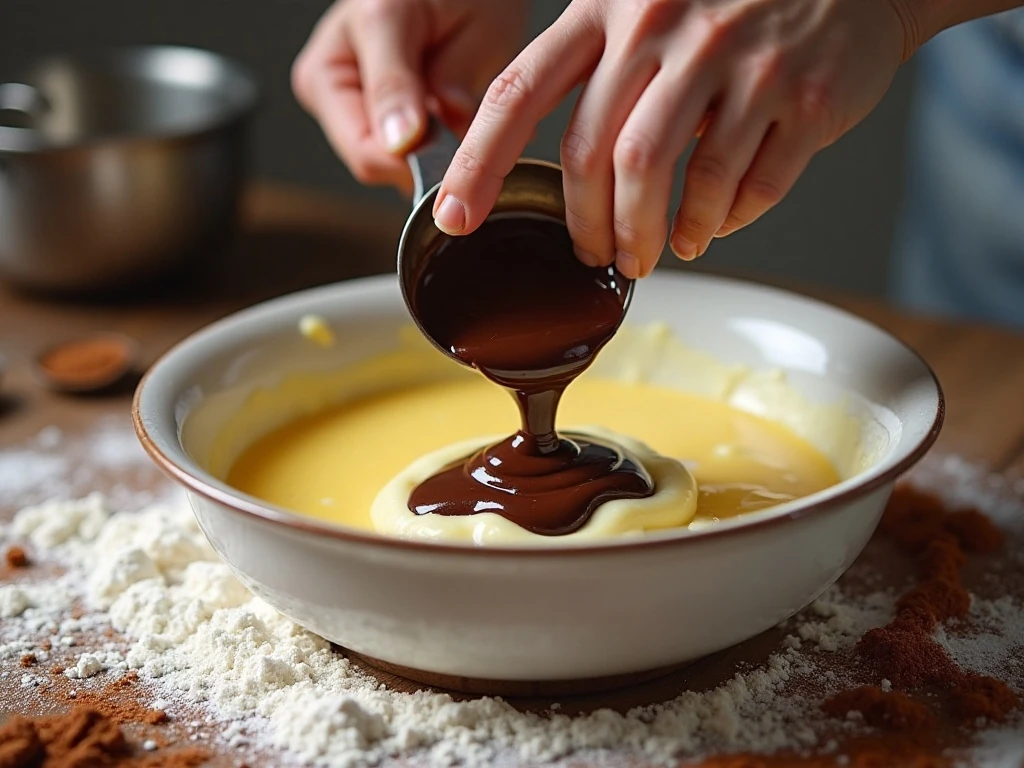 Folding melted chocolate into brownie batter