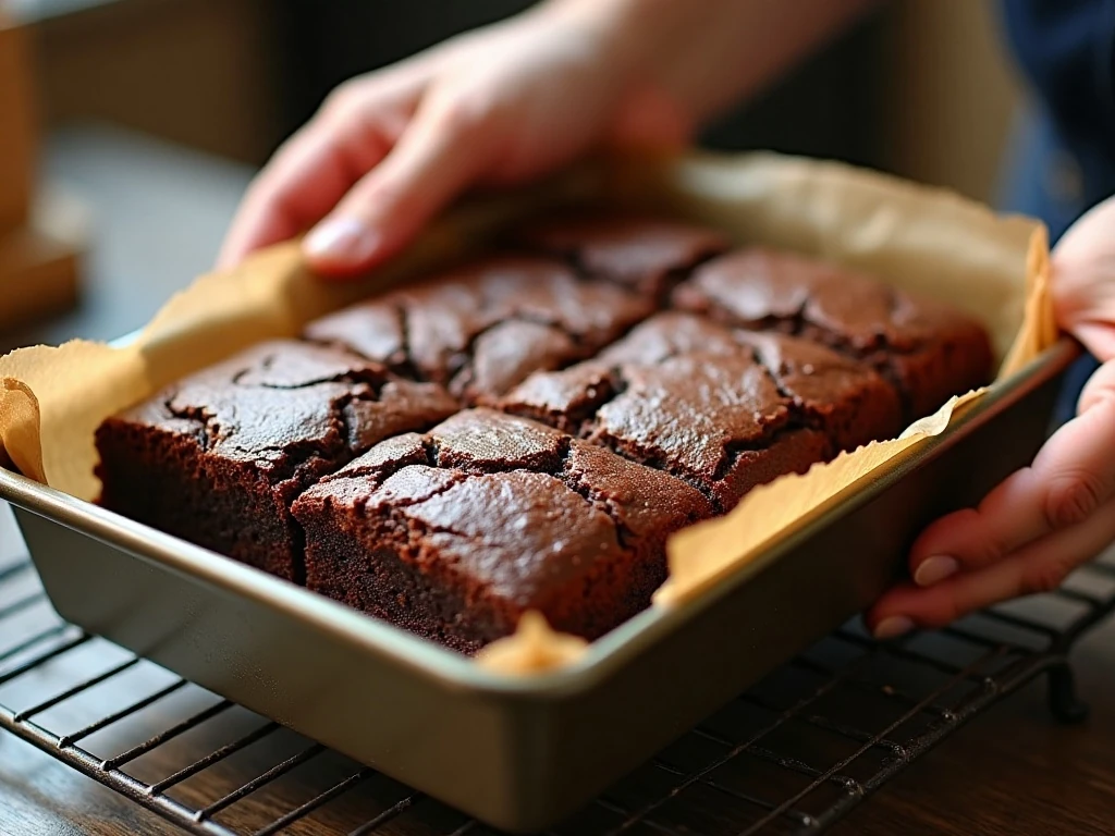 Freshly baked fudgy brownies cooling in a square pan