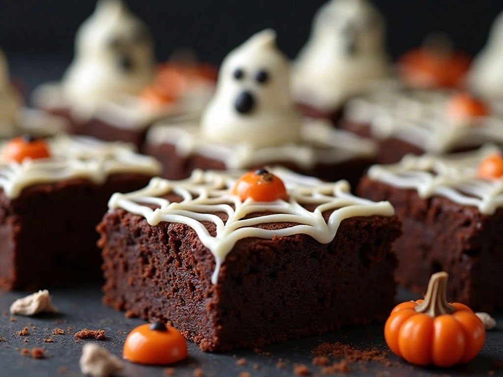Close-up of white chocolate Halloween brownie decorations