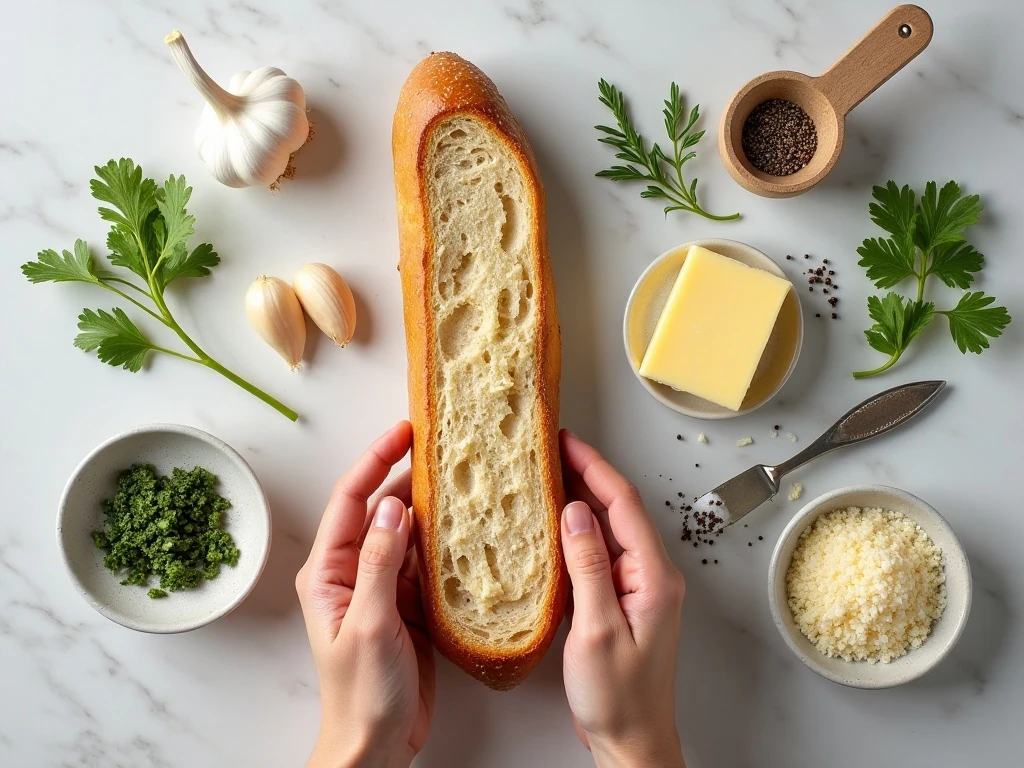 Ingredients for Parmesan garlic bread arranged on a countertop