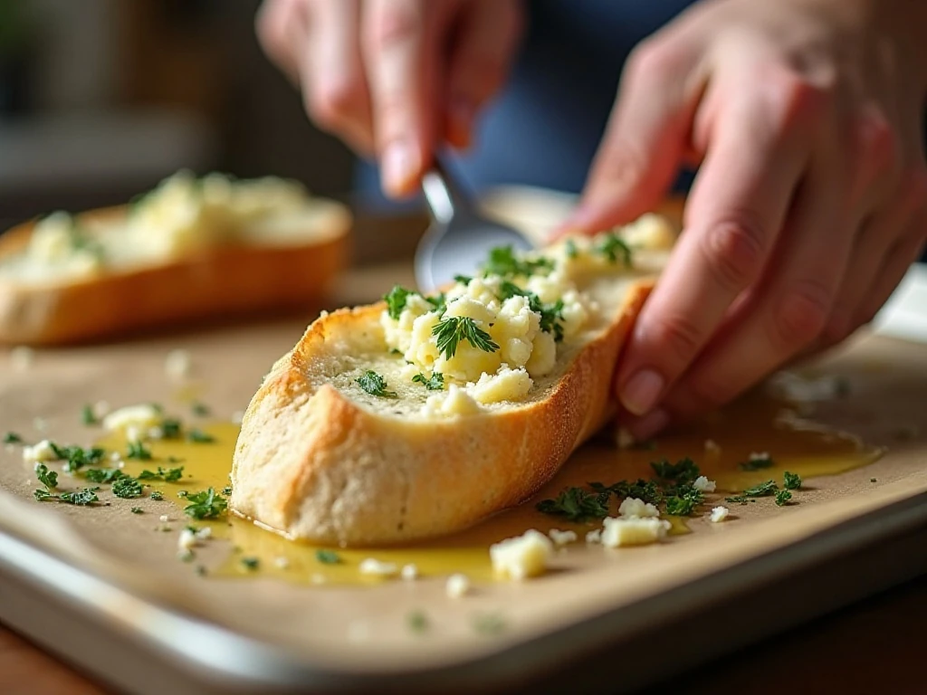 Spreading garlic Parmesan butter over sliced baguette