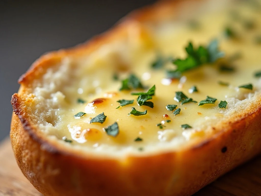 Close-up of browned Parmesan topping on crisp garlic bread