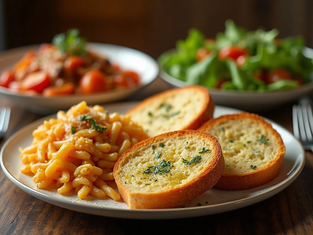Parmesan garlic bread served with pasta and vegetables