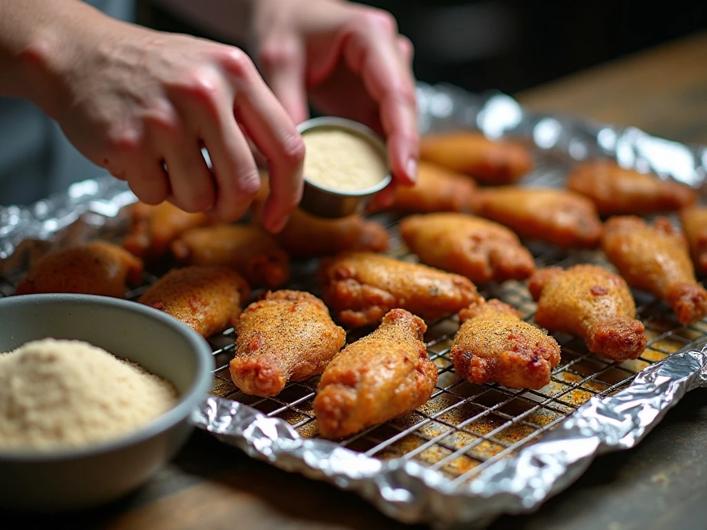 Seasoned wings arranged on a wire rack before baking