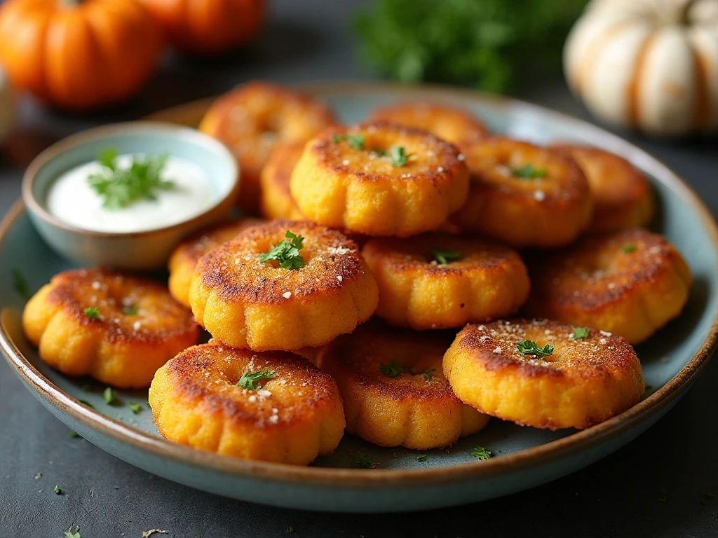 Crispy Parmesan pumpkin fritters served with sour cream and fresh herbs