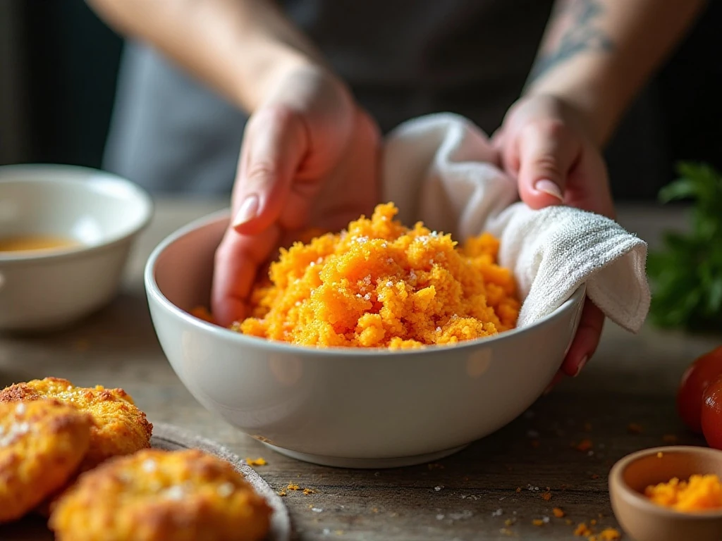 Squeezing excess moisture from grated pumpkin for fritters