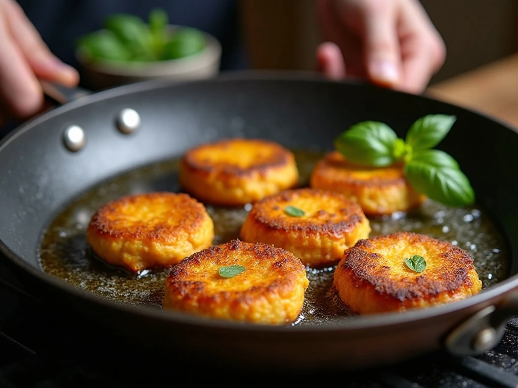 Pumpkin fritters frying until golden and crisp