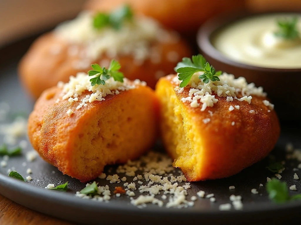 Close-up of a crispy pumpkin fritter with Parmesan and garlic-herb dip