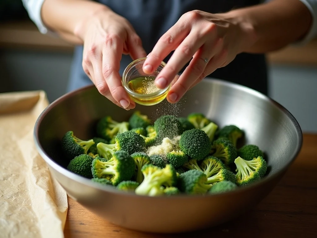 Broccoli being seasoned before roasting