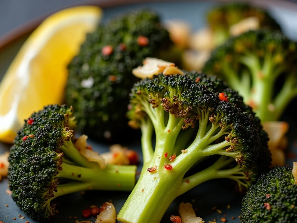 Close-up of crisp browned broccoli with Parmesan and lemon