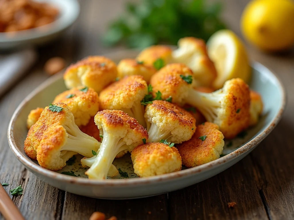 Crispy Parmesan roasted cauliflower served with parsley and lemon
