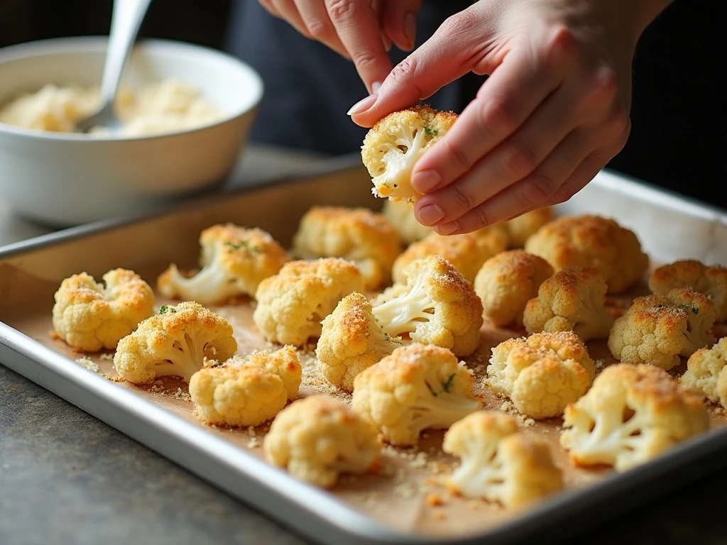 Coated cauliflower arranged on a baking sheet before roasting