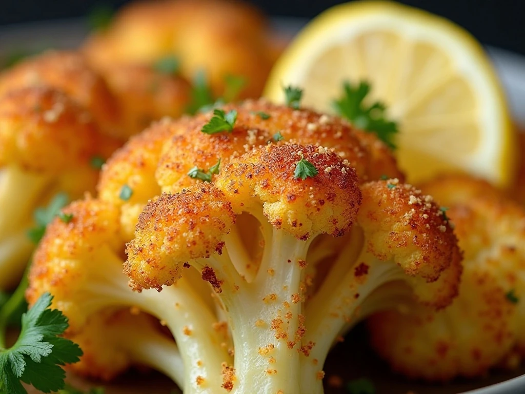 Close-up of the crisp Parmesan crust on roasted cauliflower