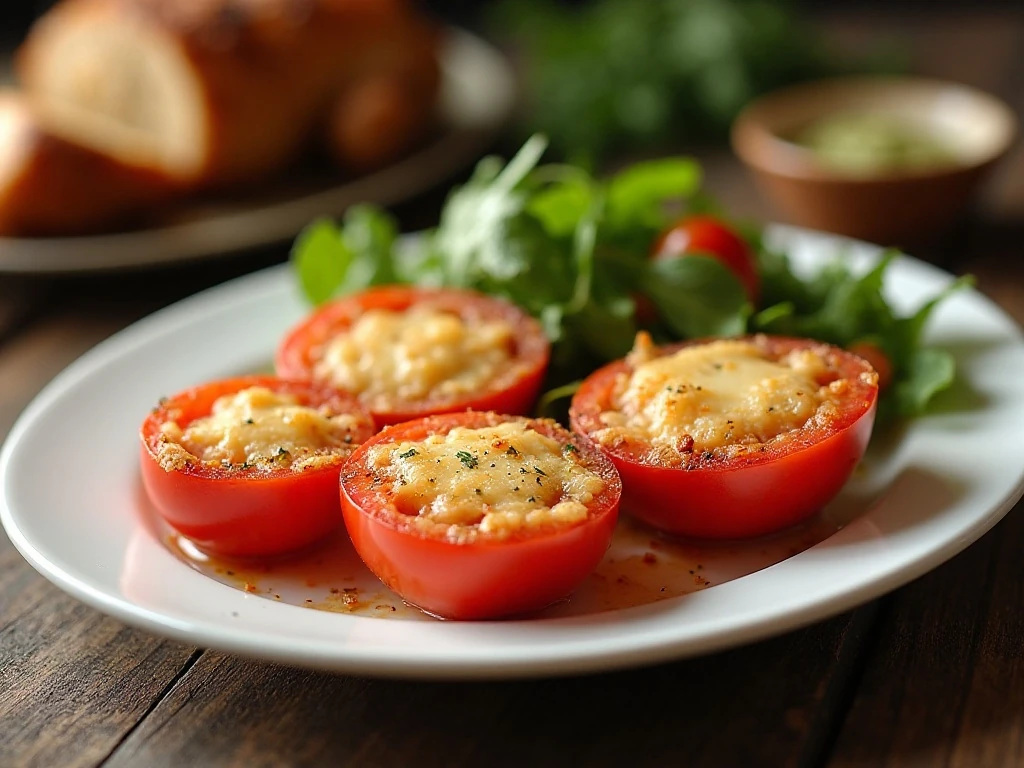 Golden Parmesan roasted tomatoes served as a savory dinner side