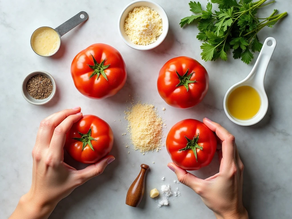 Ingredients for Parmesan roasted tomatoes arranged on a counter