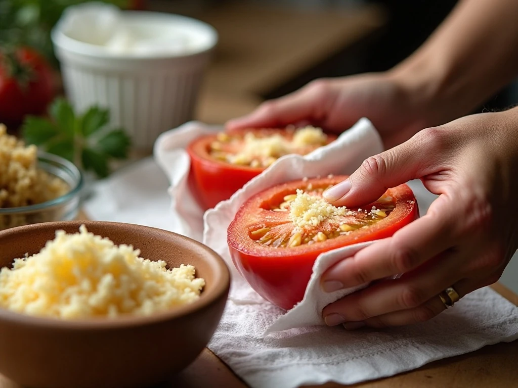 Drying Roma tomatoes to help the Parmesan crust turn crisp
