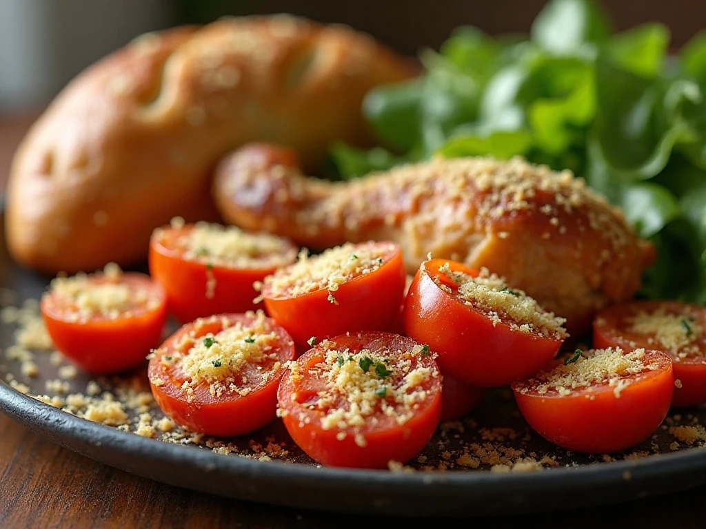 Parmesan roasted tomatoes served with chicken, bread, and salad