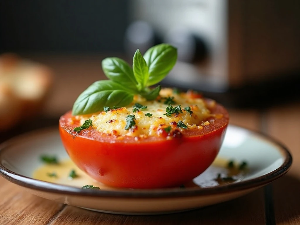 Reheated Parmesan roasted tomato with fresh basil garnish