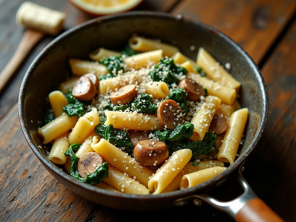 Creamy Parmesan spinach mushroom pasta skillet ready for dinner