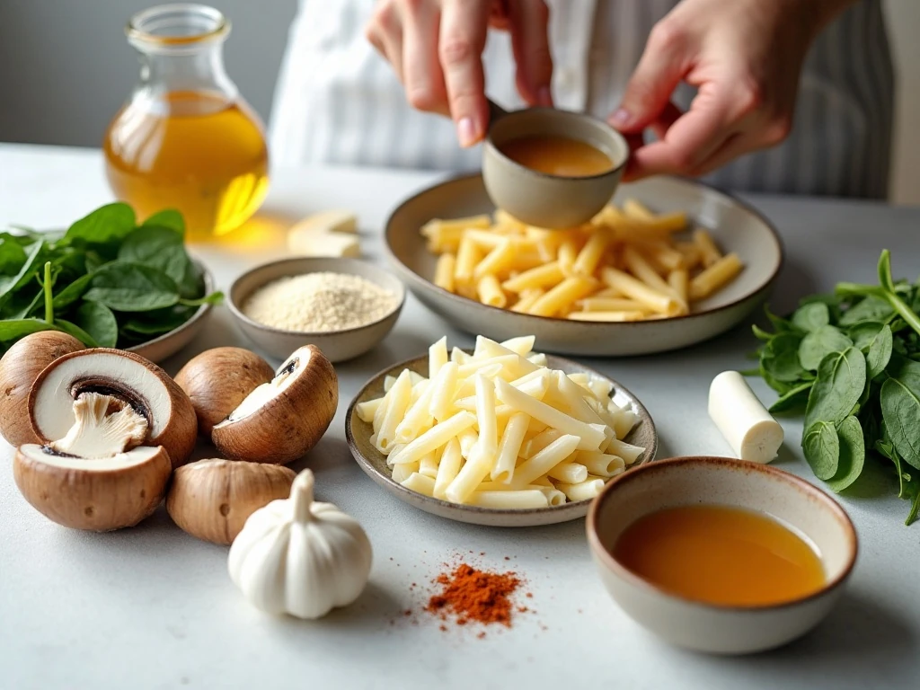 Ingredients for one-pot Parmesan spinach mushroom pasta