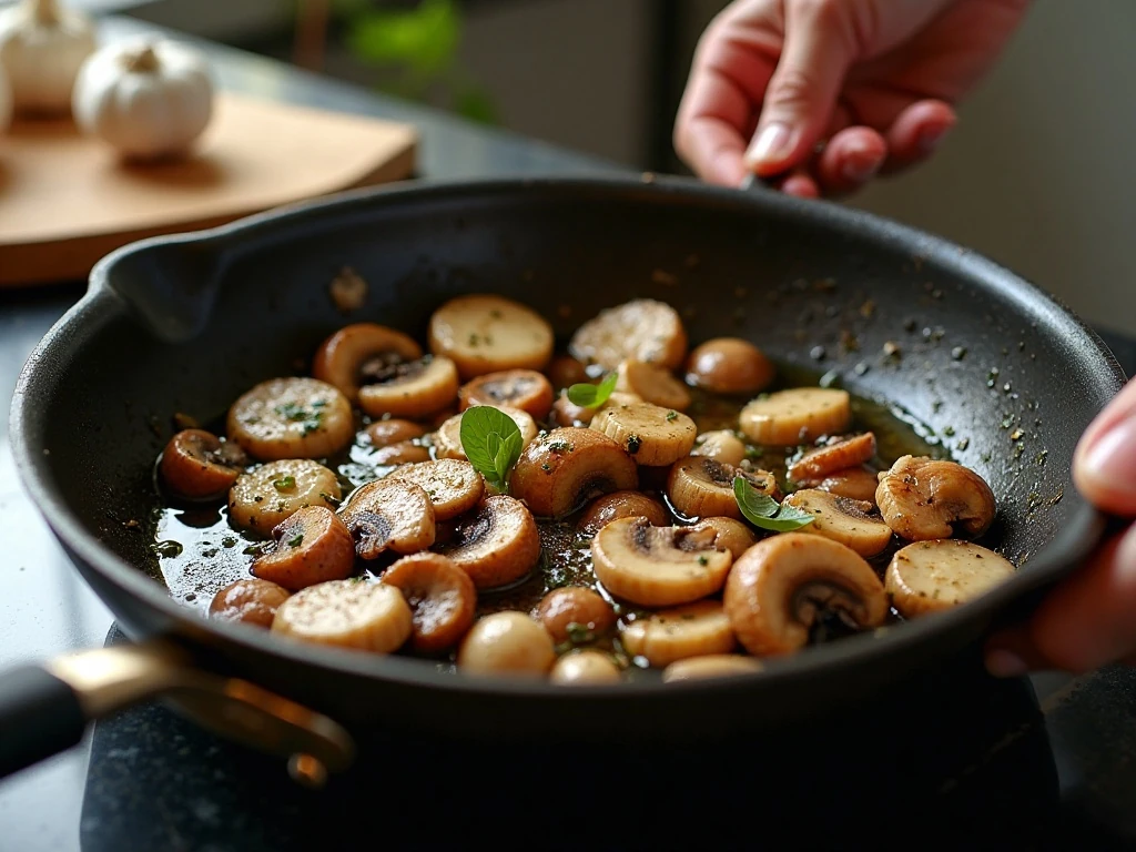Mushrooms browning in a skillet for one-pot pasta