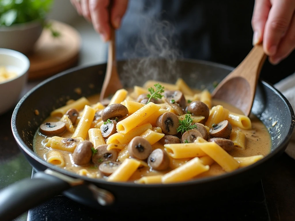Penne simmering in creamy mushroom sauce
