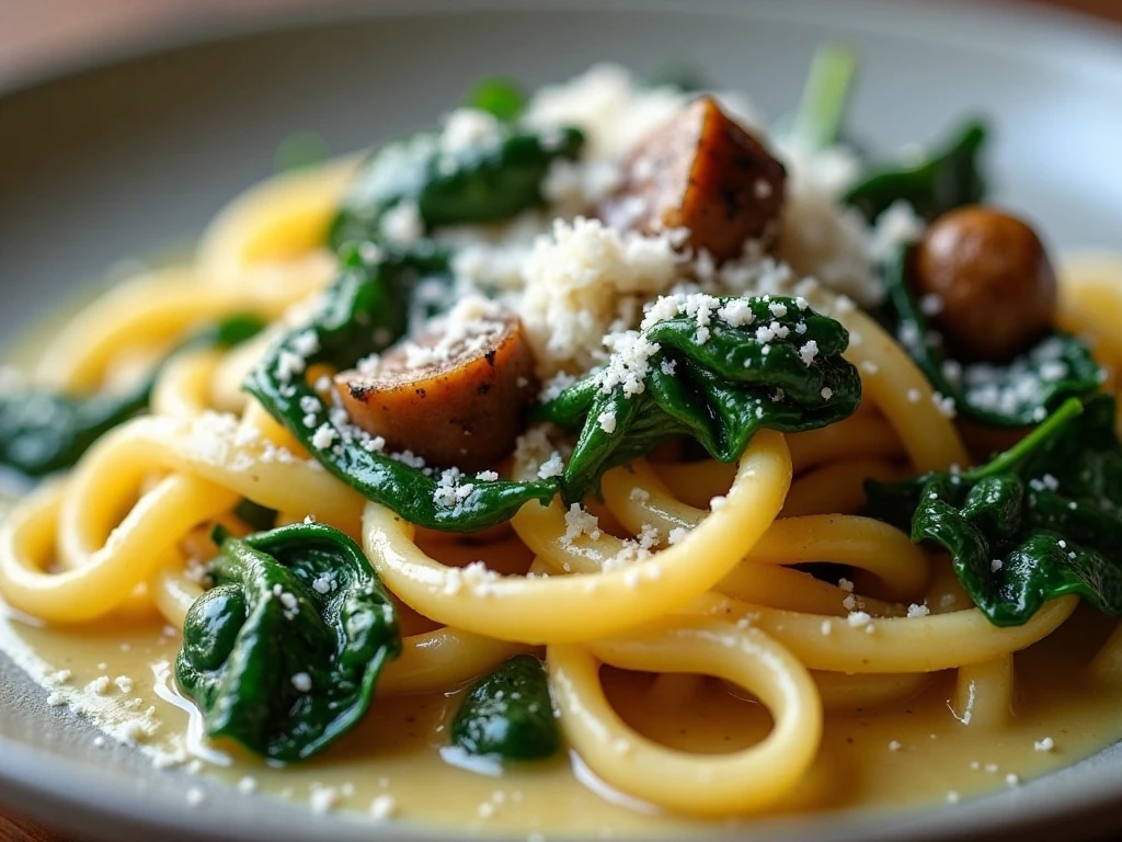 Close-up of Parmesan spinach mushroom pasta with garnish
