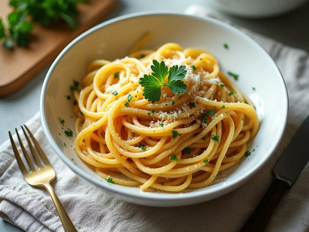 A bowl of glossy parsley Parmesan pasta ready for dinner