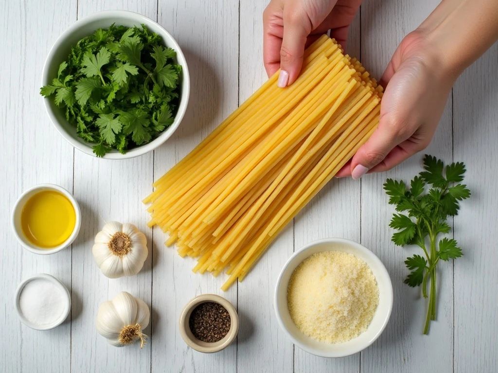 Ingredients for parsley Parmesan pasta arranged for cooking