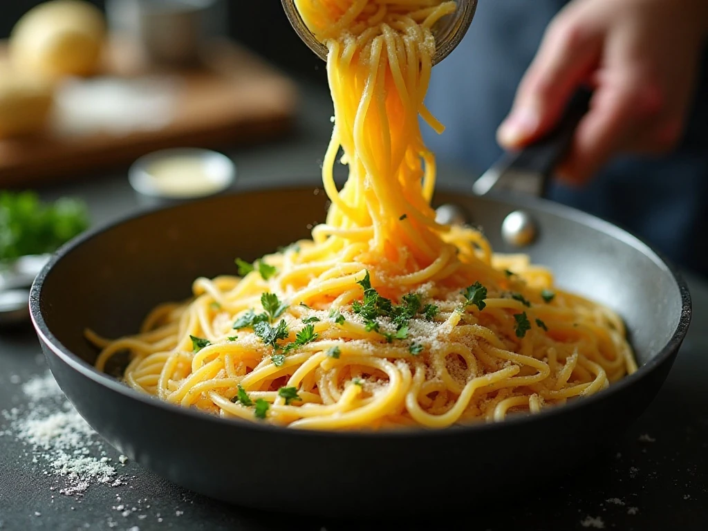 Pasta being tossed with parsley, garlic, olive oil, and Parmesan