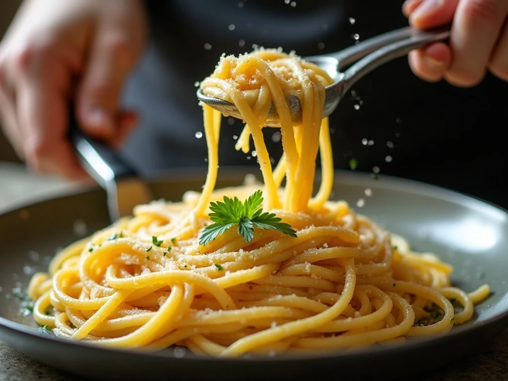 Reserved pasta water being added to create a glossy pasta coating