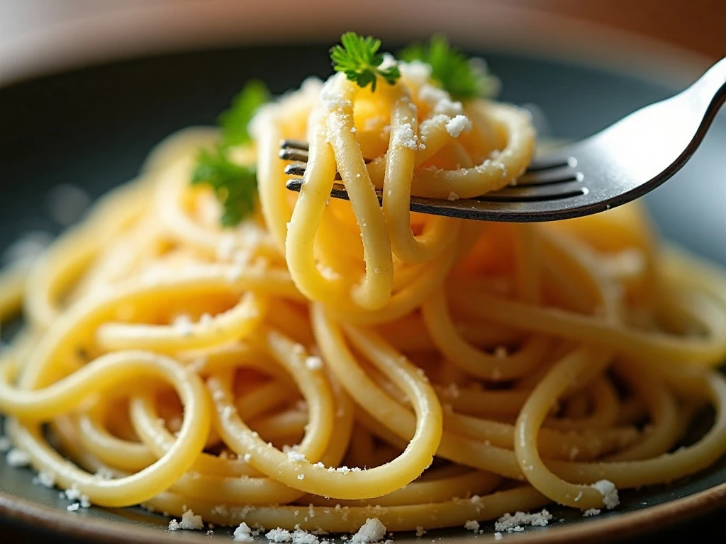 Close-up of parsley Parmesan pasta garnished with cheese and herbs