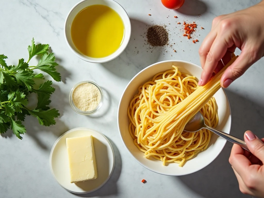 Ingredients for easy parsley Parmesan pasta arranged on a kitchen counter