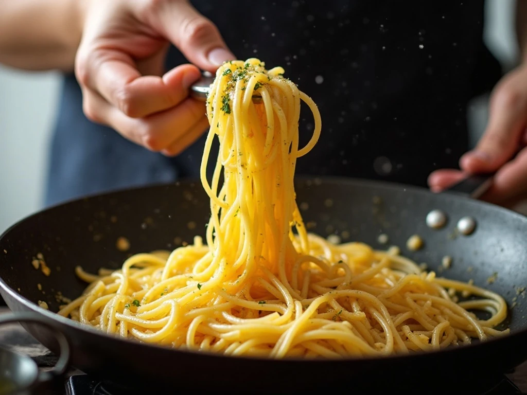 Tossing pasta with garlic butter and olive oil in a skillet