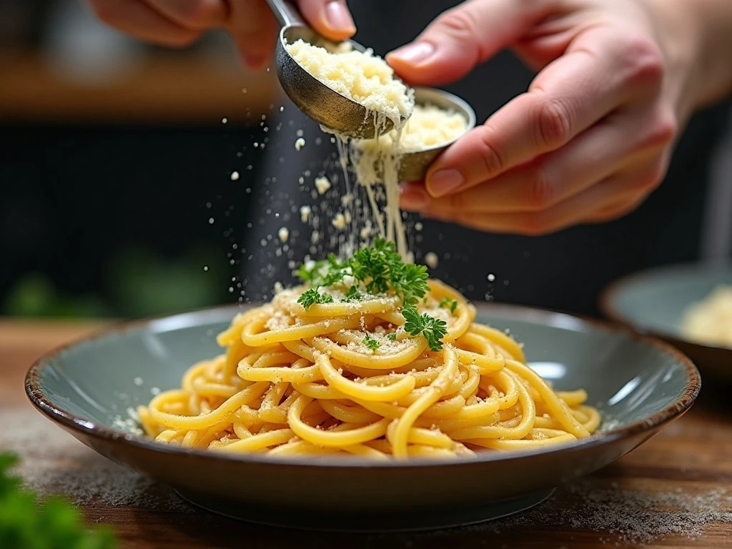 Adding Parmesan and pasta water to create a glossy pasta sauce